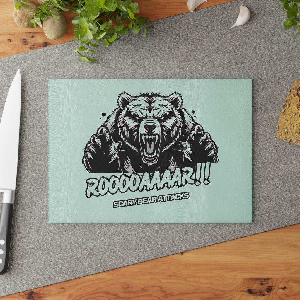 Glass Cutting Board — Roar Bear Graphic Tempered Glass Chopping Board ("ROOOOAAAR!! Scary Bear Attacks")