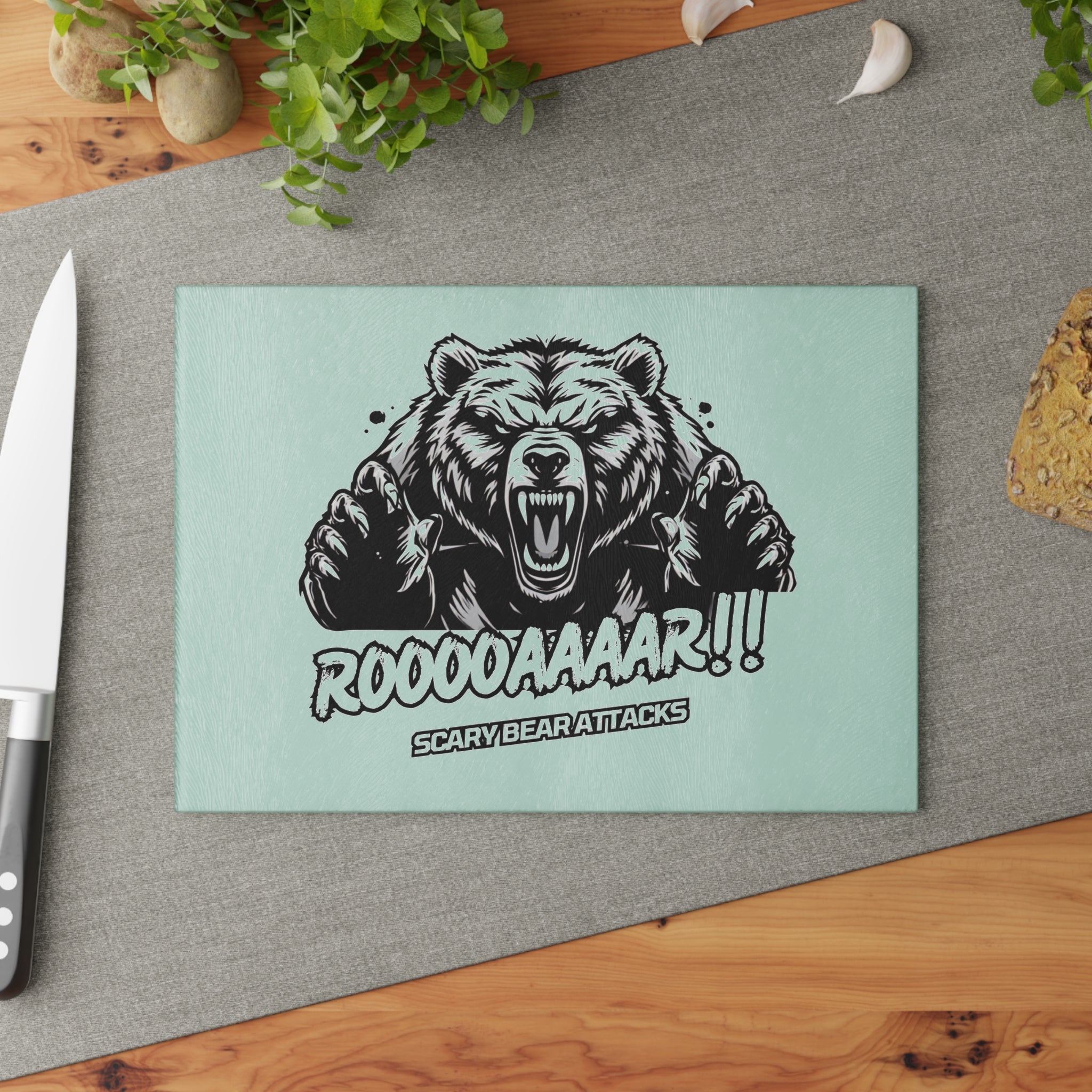 Glass Cutting Board — Roar Bear Graphic Tempered Glass Chopping Board ("ROOOOAAAR!! Scary Bear Attacks")