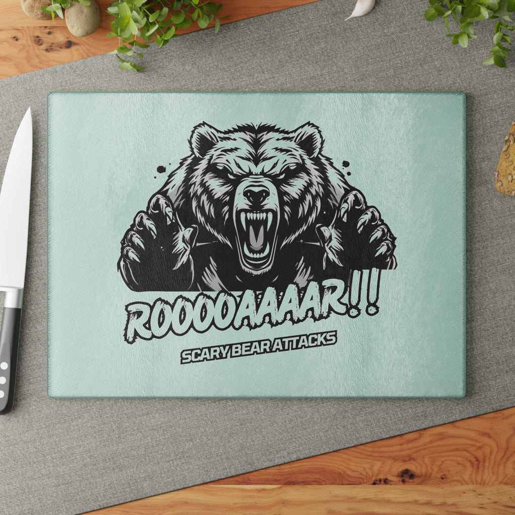 Glass Cutting Board — Roar Bear Graphic Tempered Glass Chopping Board ("ROOOOAAAR!! Scary Bear Attacks")